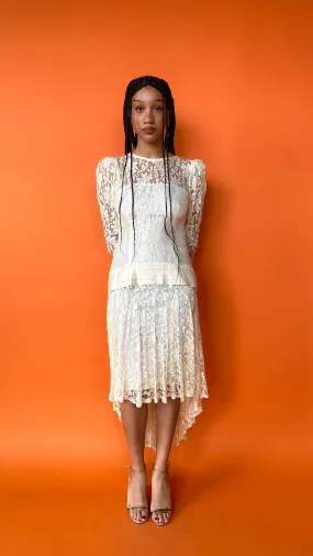 1980s Cream Lace Drop Waist Dress, sz. S