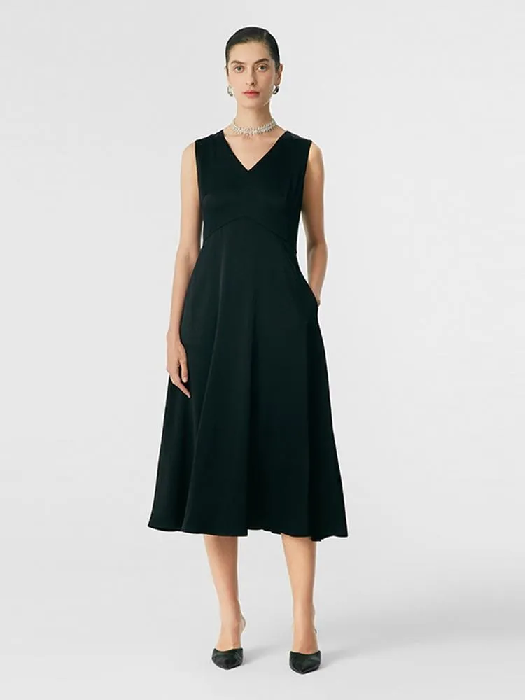 Black Triacetate Gathered Waist V-Neck Midi Dress