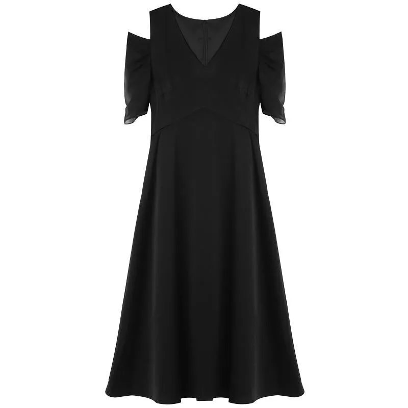 Black Triacetate Gathered Waist V-Neck Midi Dress