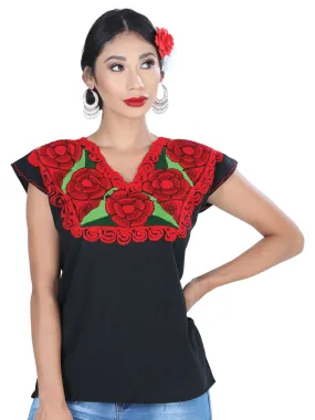 Blusa Artesanal Cuello V Bordada de Flores para Mujer