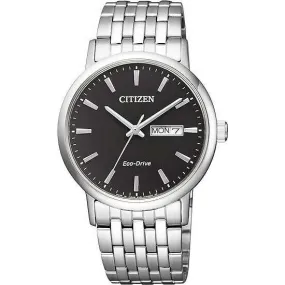 CITIZEN COLLECTION ECO DRIVE SOLAR SILVER STRAP BLACK DIAL MEN WATCH BM9010-59E