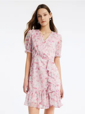 Pink Floral Short Sleeve Falbala Mini Dress