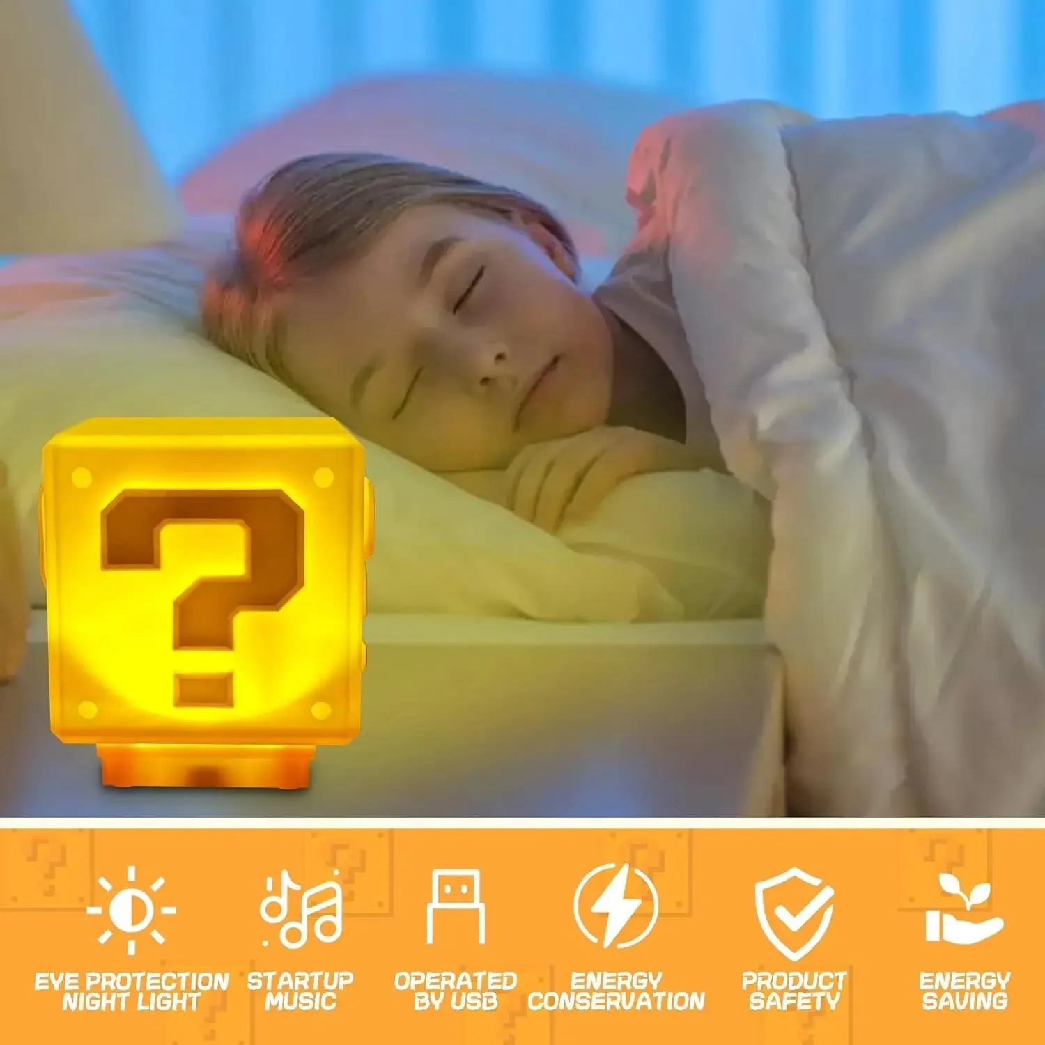 Super Bros-Mini Question Block Night Light,Bedside Lamp, Desklamp for Kids and Fans, Birthday Gift, Holiday Gift,Equipped with The Game's Same Gold Coin Sound(with USB Power Cable)